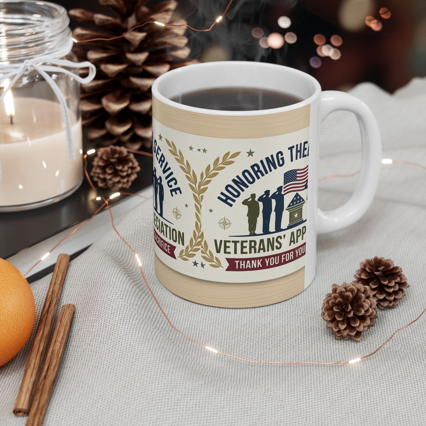 Veterans' Appreciation Ceramic Mug — "Honoring Their Service" Patriotic Coffee Cup (11oz/15oz)