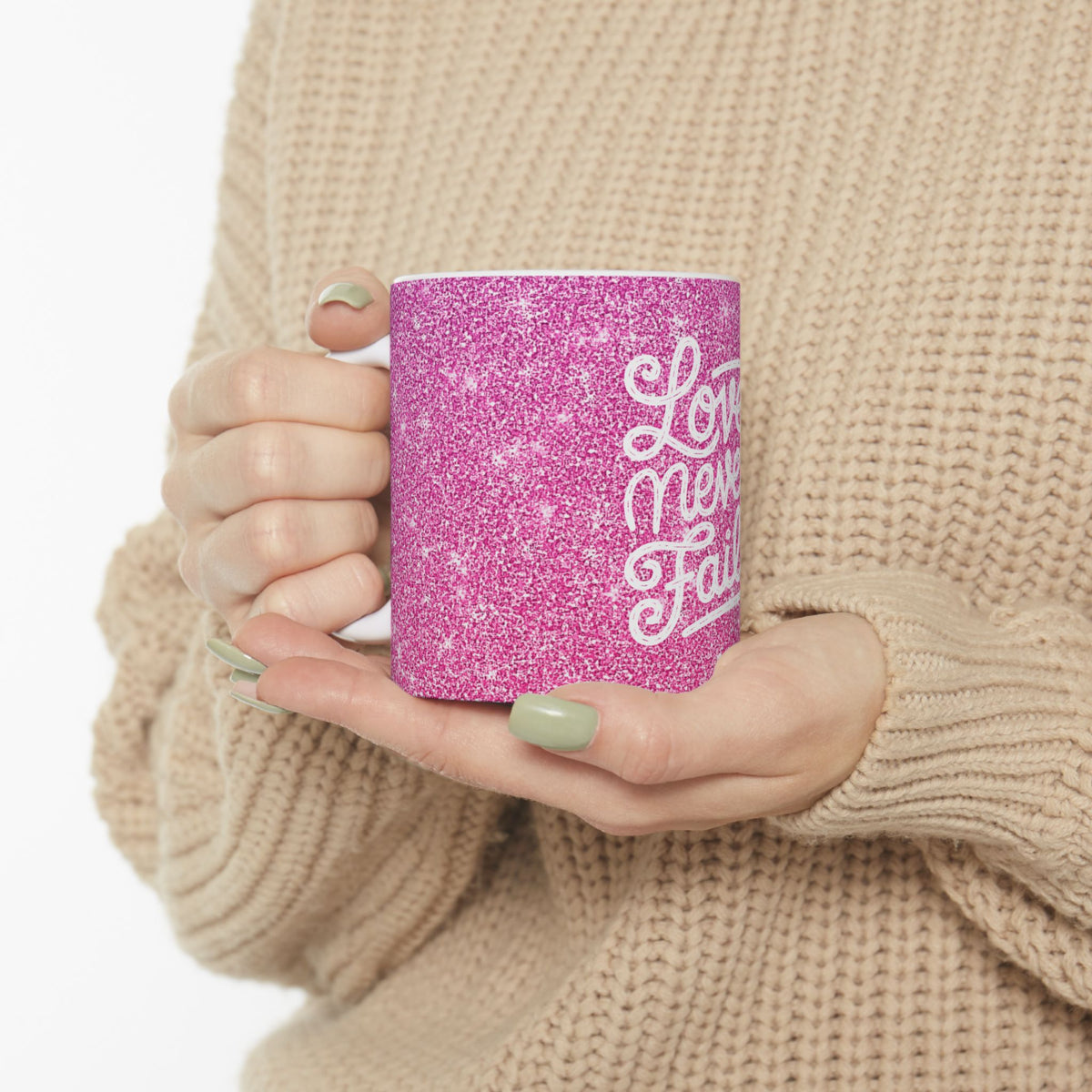 Love Never Fails Pink Glitter Ceramic Mug