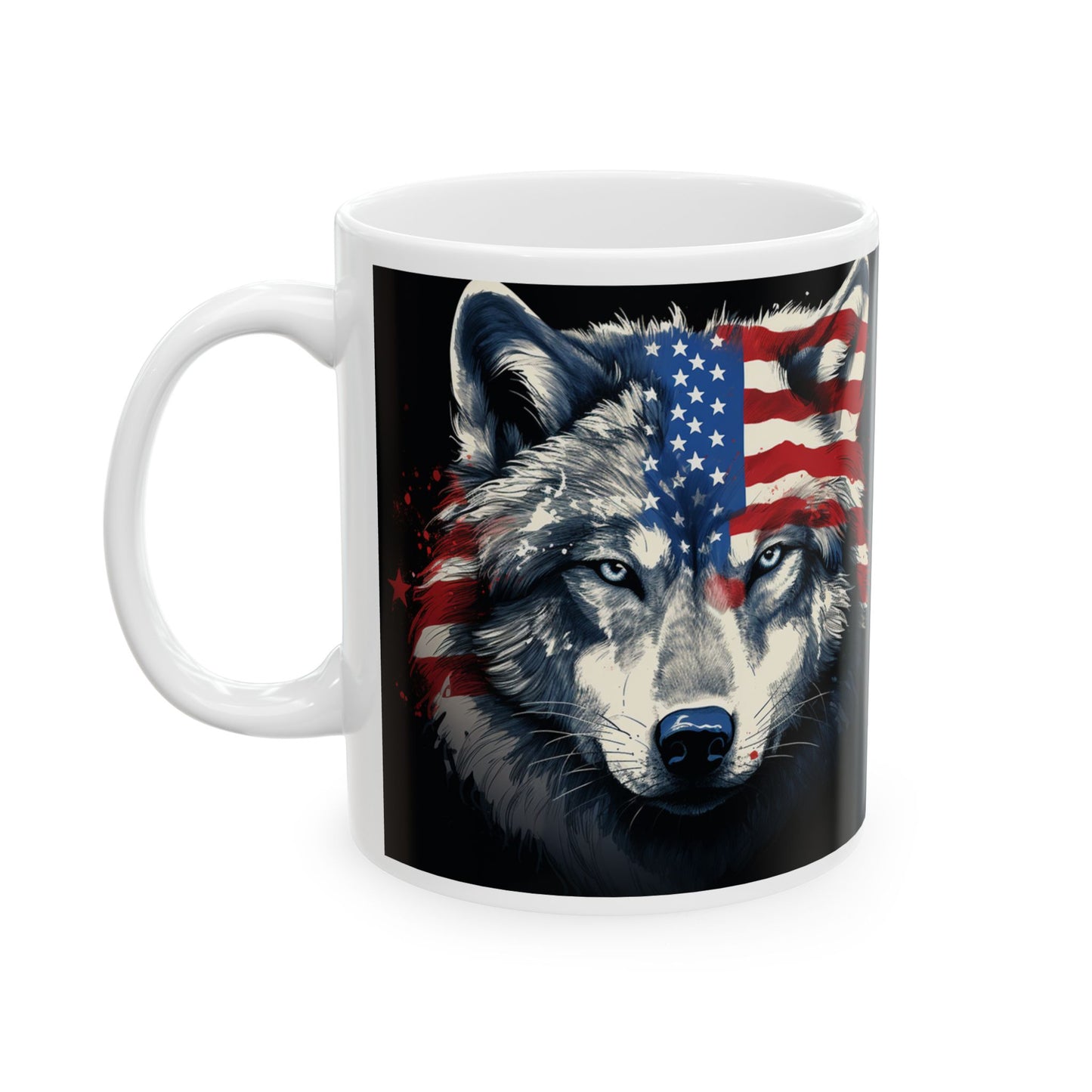 American Flag Wolf Ceramic Mug - Patriotic 11oz/15oz Coffee Cup