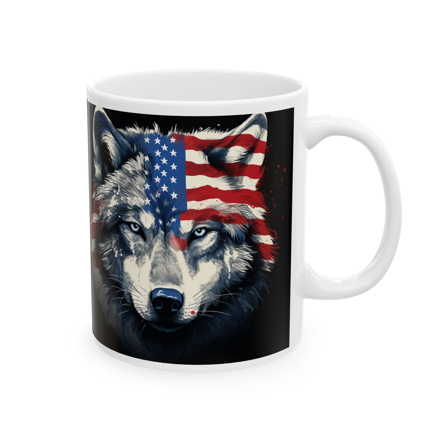 American Flag Wolf Ceramic Mug - Patriotic 11oz/15oz Coffee Cup