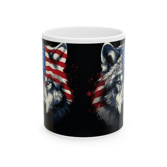 American Flag Wolf Ceramic Mug - Patriotic 11oz/15oz Coffee Cup