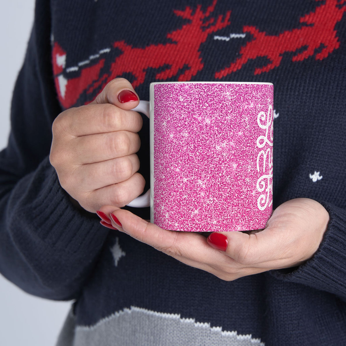 Love Never Fails Pink Glitter Ceramic Mug