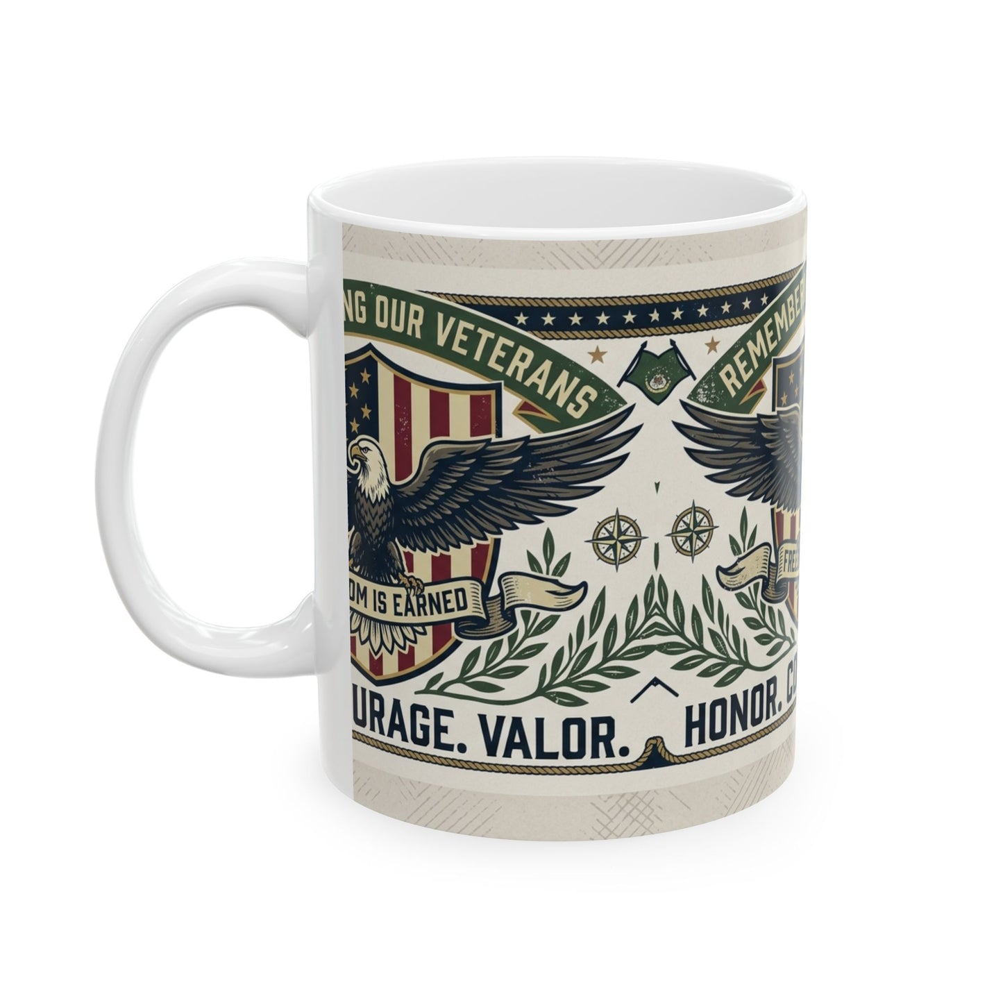 Veterans Tribute Ceramic Mug — "Remembering Our Veterans: Honor. Courage. Valor." (11oz & 15oz)