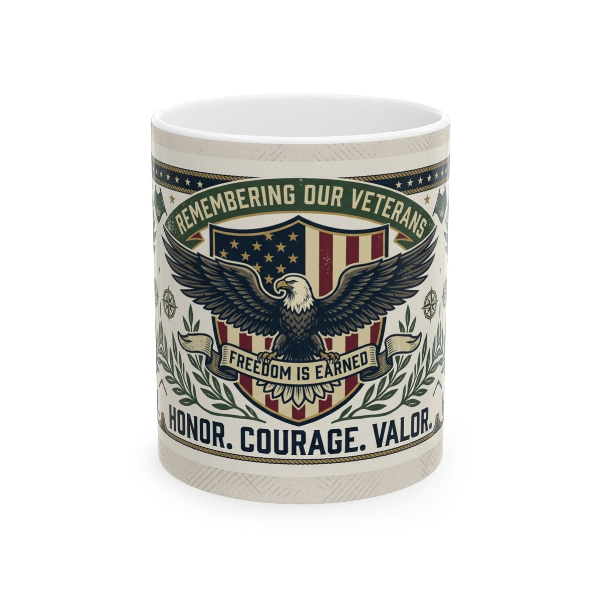 Veterans Tribute Ceramic Mug — "Remembering Our Veterans: Honor. Courage. Valor." (11oz & 15oz)