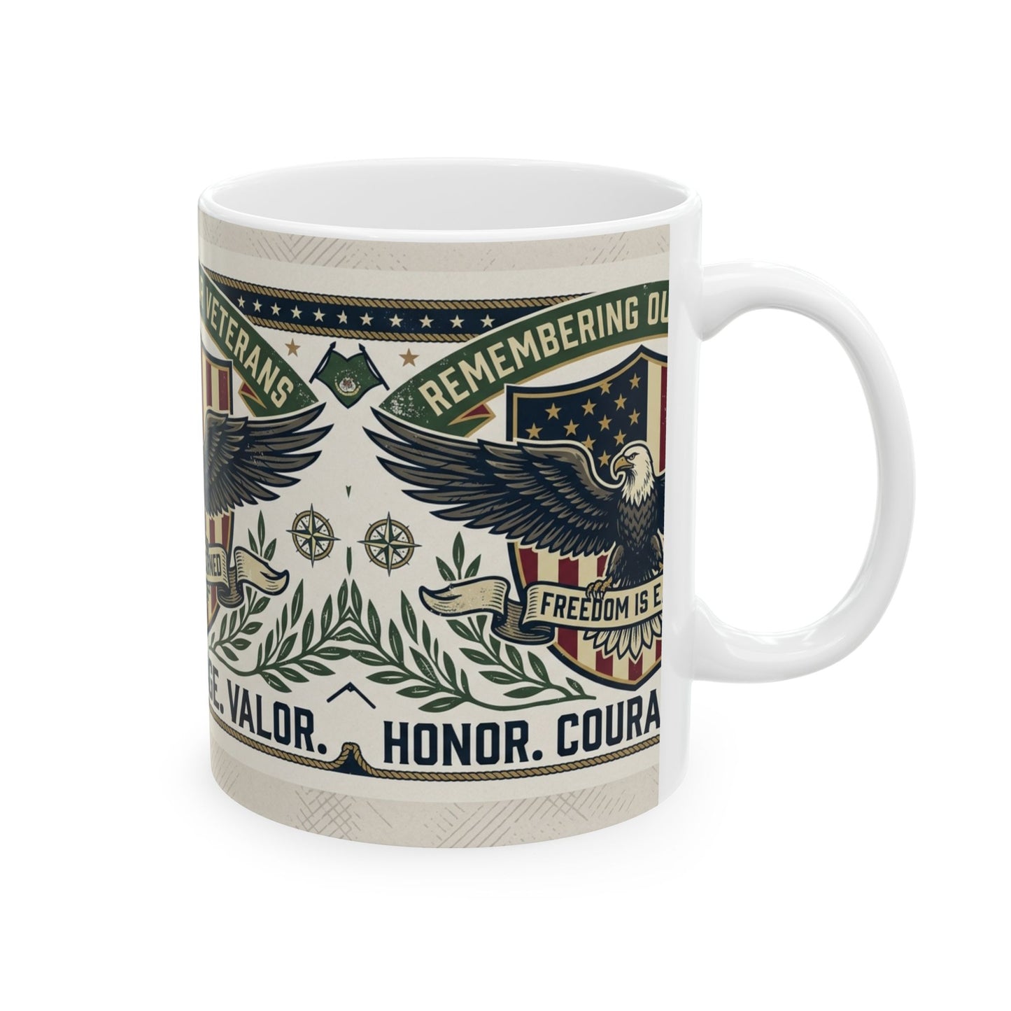 Veterans Tribute Ceramic Mug — "Remembering Our Veterans: Honor. Courage. Valor." (11oz & 15oz)