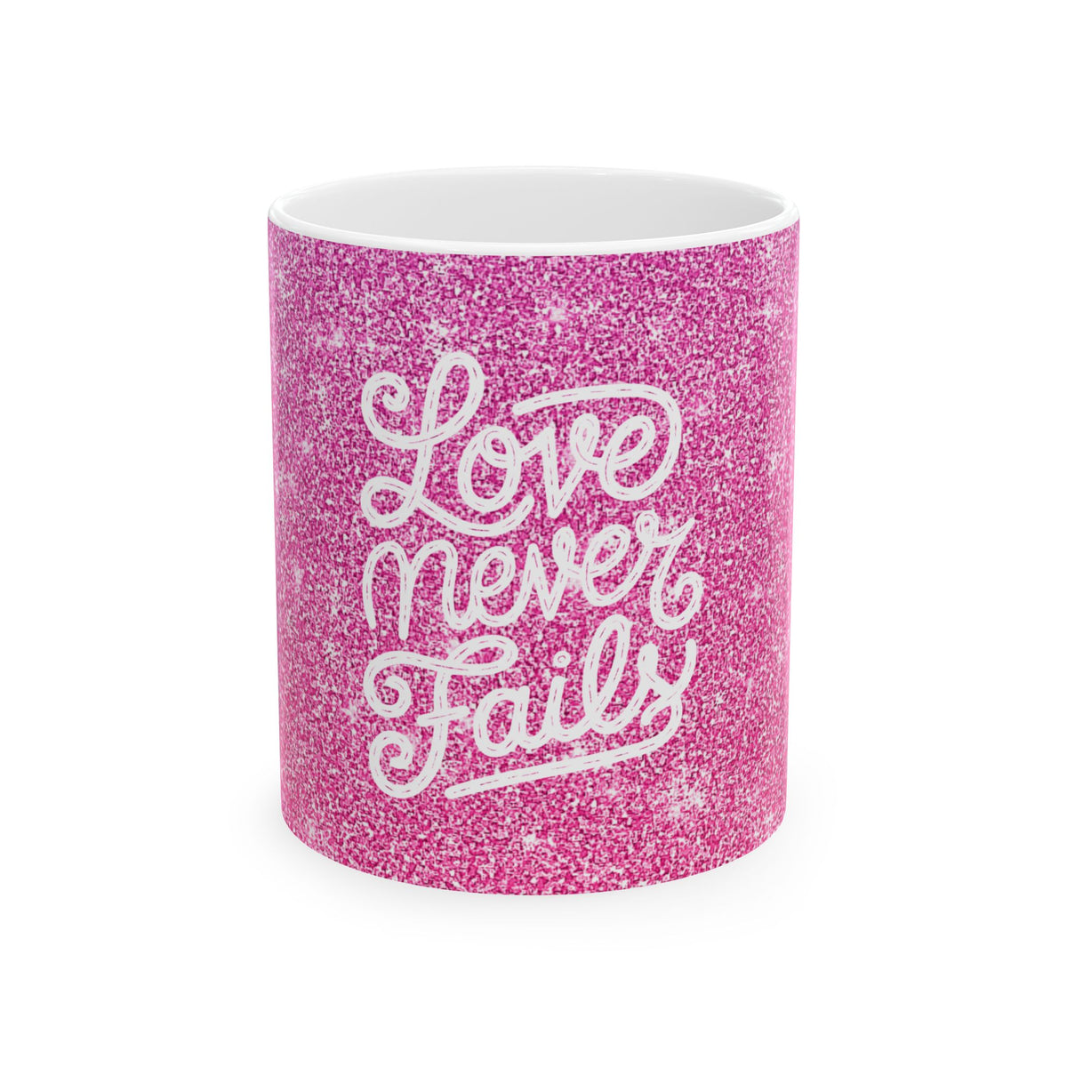 Love Never Fails Pink Glitter Ceramic Mug